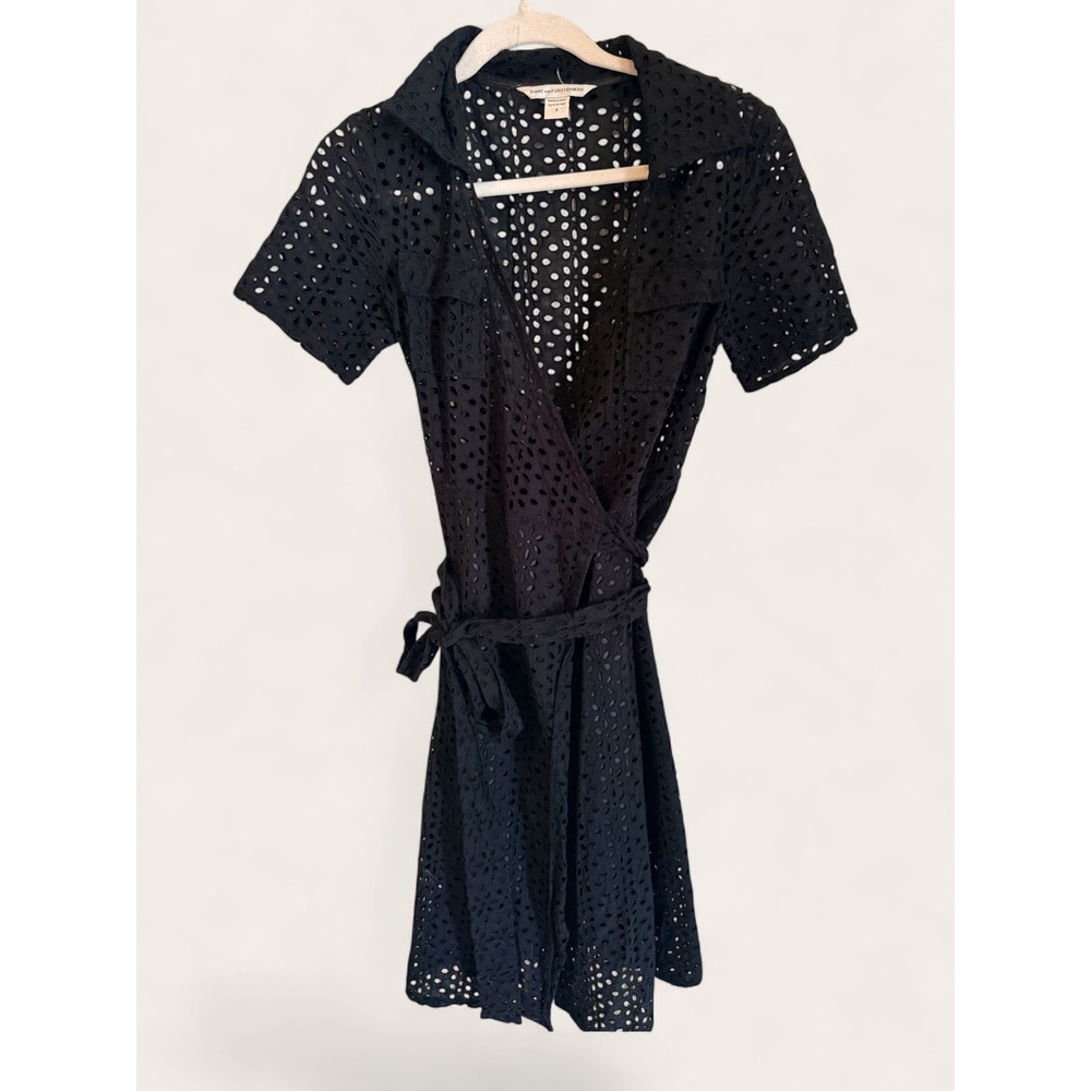 Diane von Furstenberg Romantic Black Cotton Eyelet Wrap Mini Dress Size 4